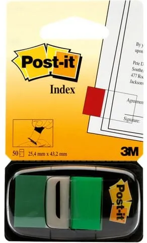 Trygg betalning Post-It Index 680 Grön, avtagbar, 50/fp, 12fp
