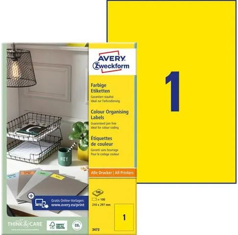 Nedsatt pris Etikett AVERY neongul 210x297mm 100/fp