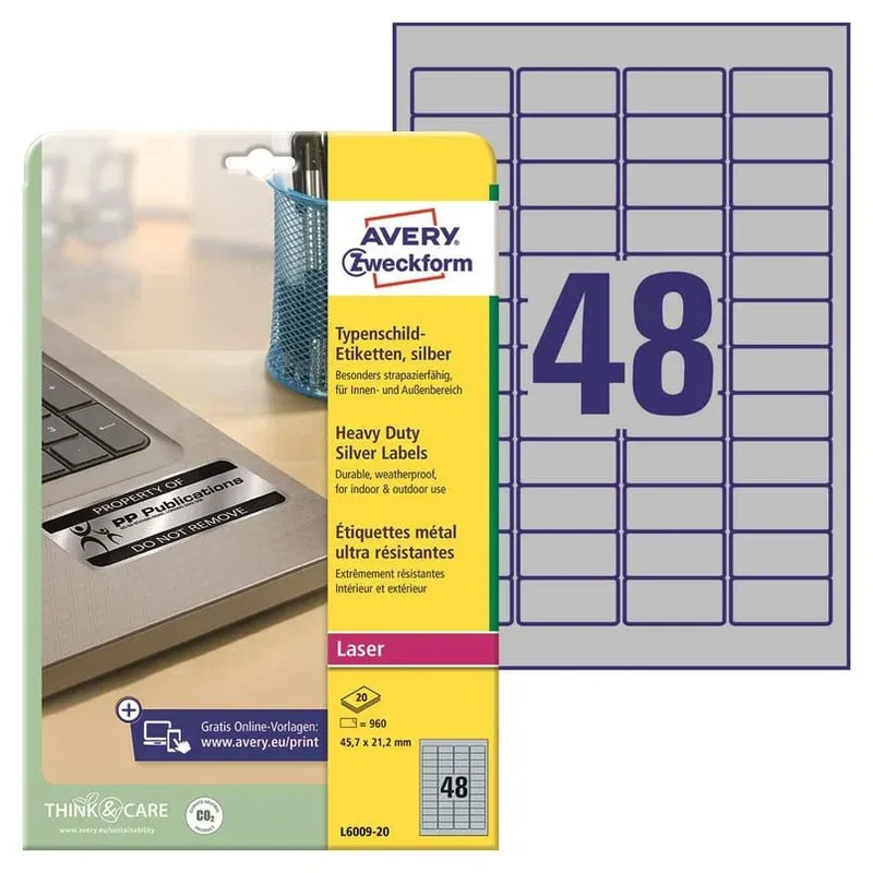 Begränsat antal Laseretikett Avery L6009 Heavy Duty Silver 45,7x21,2mm, 960/fp