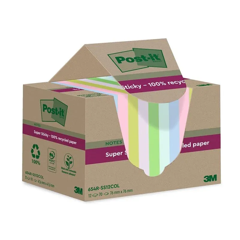 Endast denna vecka Post-it Super Sticky Recycled Mix Färger 76x76mm, 12 st/fp