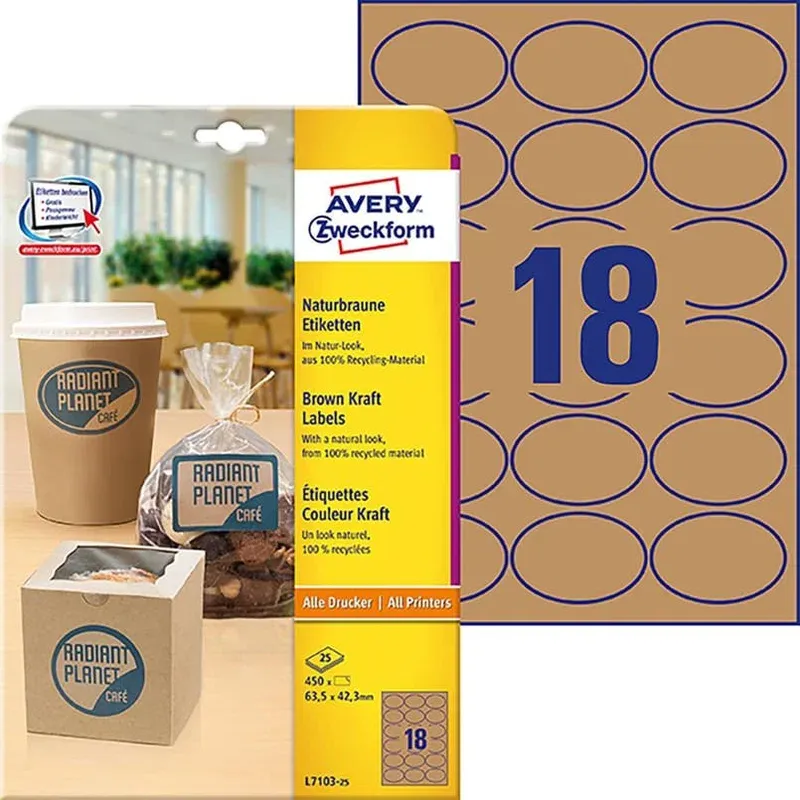 Reapris Etikett Avery Recycle L7103 Oval Brun 63,5x42,3mm, 450 st/fp