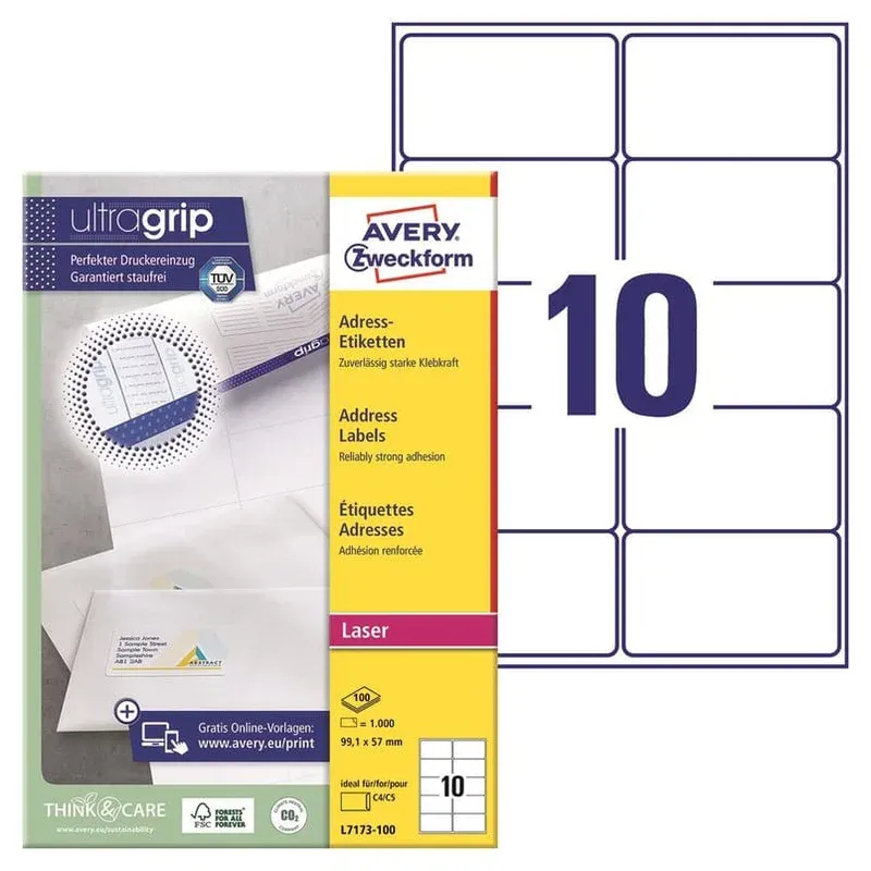 Laseretikett Avery L7173 QuickPEEL 99,1x57mm, 1000/fp Säker betalning