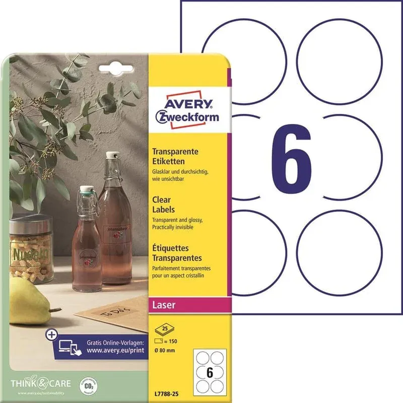 Laseretikett Avery L7788 Crystal Clear Ø80mm, 150/fp Extra rabatt