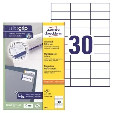 Beställ nu Universaletikett Avery Zweckform 3489 vit 70×29,7mm 3000/fp
