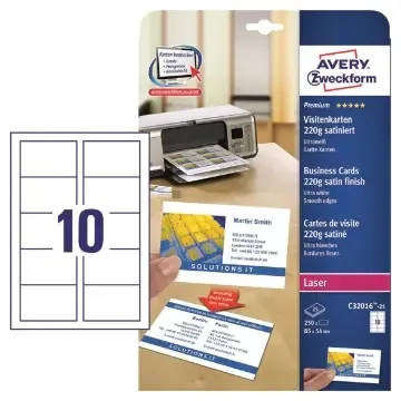 Visitkort Avery Quick & Clean färglaser 220g 85x54mm 250st/fp Fri frakt
