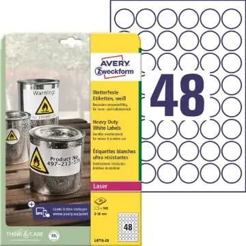 Outlet Laseretikett Avery Heavy duty L4716 Vit Ø30mm