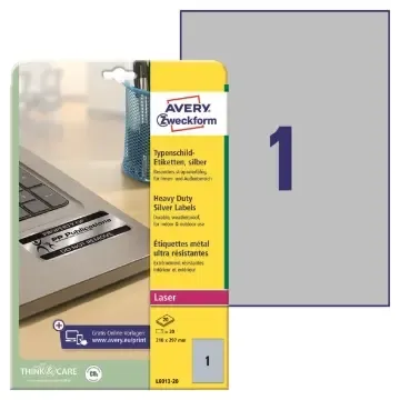 I lager Laseretikett Avery L6013 Heavy Duty silver 210x297mm 20/fp