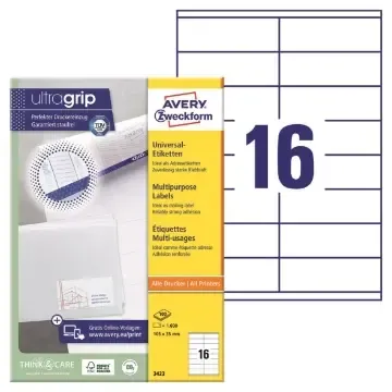 Beställ nu Universaletikett Avery Zweckform 3423 vit 105x35mm 1600/fp