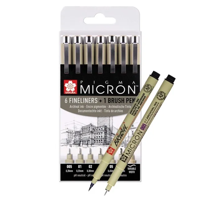 Begränsat erbjudande Pigma Micron Fineliner 6-set + 1 Brush Pen