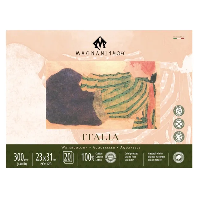 Akvarellblock Italia 100% Bomull 300gFin Gräng 23x31 cm 20 ark Premium
