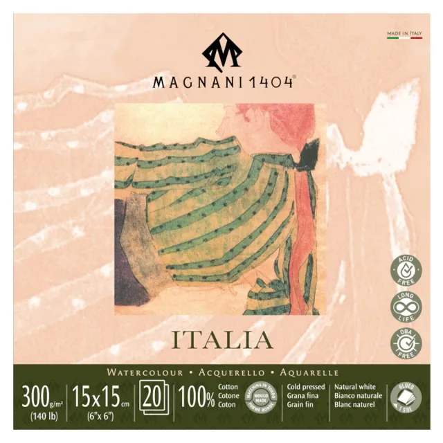 Endast idag Akvarellblock Italia 100% Bomull 300g Fin Gräng 15x15 cm 20 ark