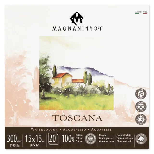 Begränsat antal Akvarellblock Toscana 100% Bomull 300g Grov Gräng 15x15 cm 20 ark