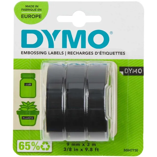 Premium Självhäftande präglingstejp 9mm x 3m Black 3-pack