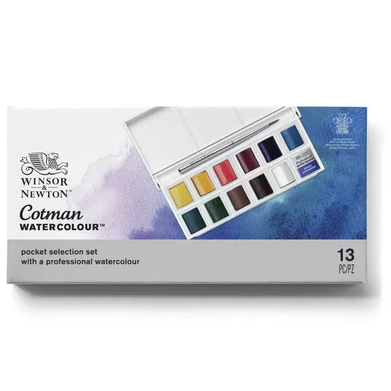 Winsor & Newton Cotman Pocket Selection, akvarellfärg i 12 halvkoppar, etui & pensel Premium