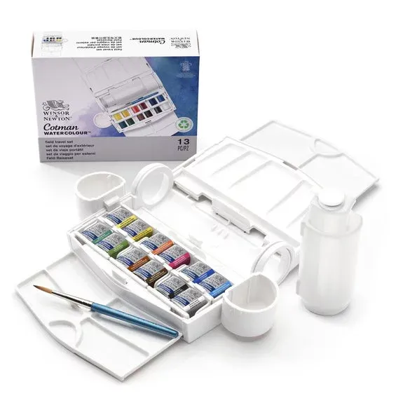 Begränsad tid Winsor & Newton Cotman Field Travel Set, akvarellfärg i 12 halvkoppar, etui, flaska & pensel