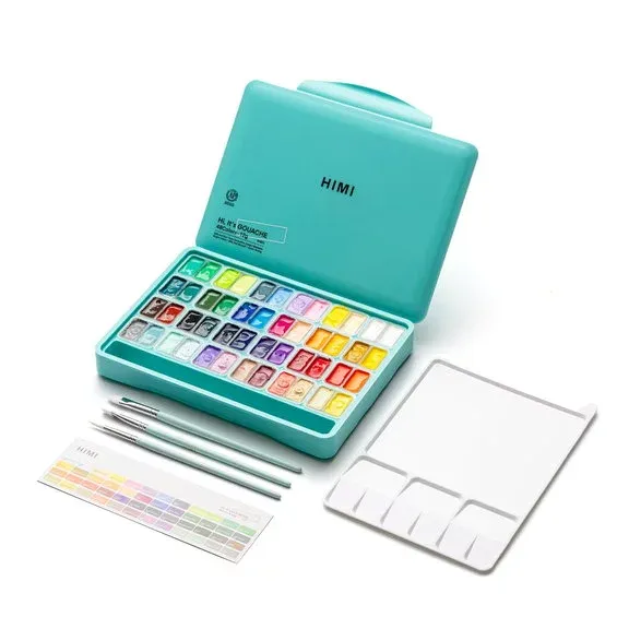 HIMI Gouache Twin Cup Kit, 48 jelly gouache-färger, 3 penslar och palett Lågt pris