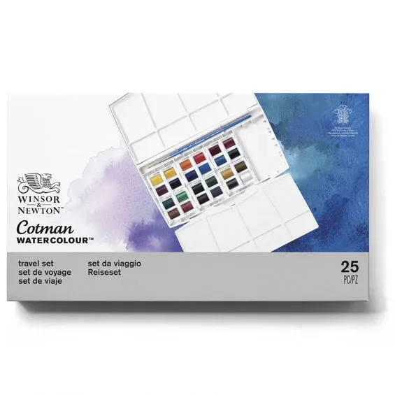 Winsor & Newton Cotman Travellers set, akvarellfärg i 24 halvkoppar, etui & pensel Kampanjpris