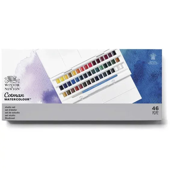 Winsor & Newton Cotman Studio set, akvarellfärg i 45 halvkoppar, etui & pensel Fynd