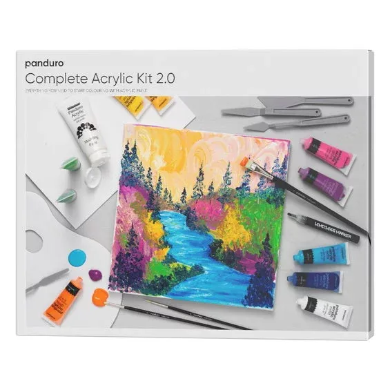 Panduros kompletta akrylkit 2.0 – 24 tuber färg à 30 ml, 2 canvaser, 5 penslar + tillbehör Erbjudande