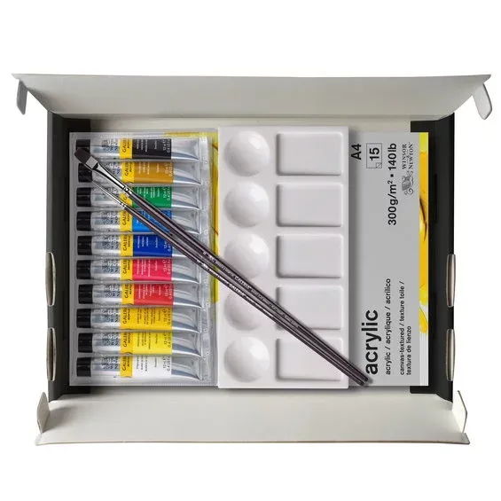 Billigare Winsor & Newton Galeria Acrylic Kit 10×12ml akrylfärg, A4-block, 2 penslar + palett