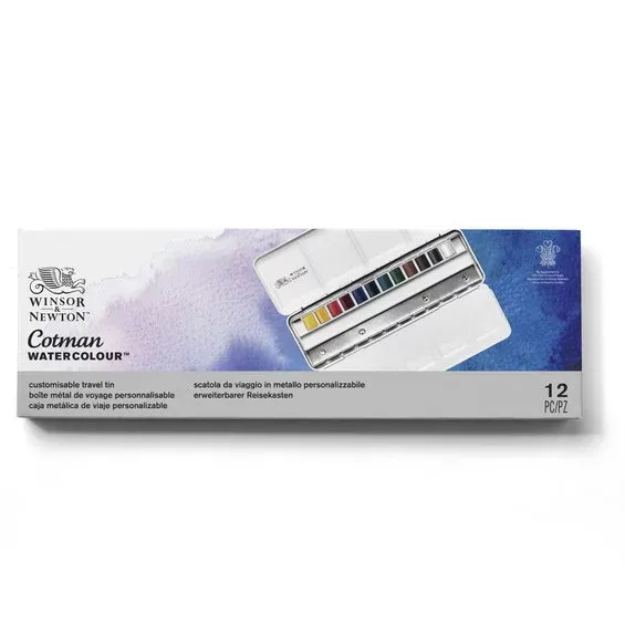 Kampanj Winsor & Newton Cotman Travel Tin, 12 halvkoppar + metalletui med 12 tomma platser