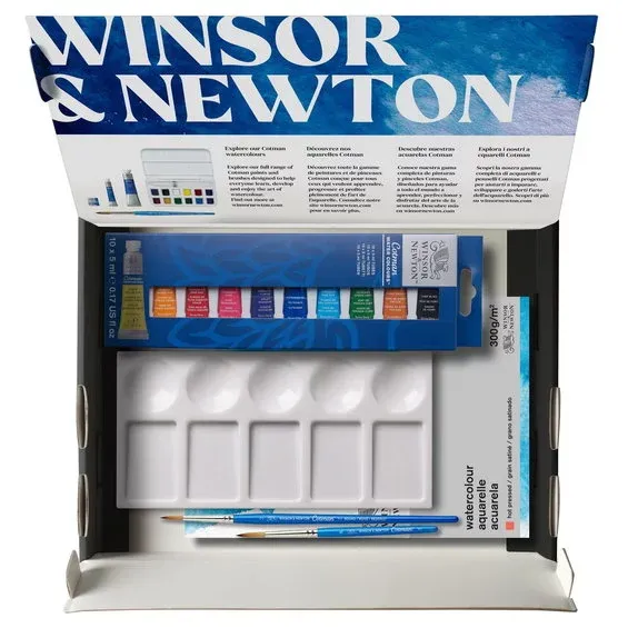 Winsor & Newton Cotman Watercolour 10×5 ml färg, penslar, palett & akvarellblock Beställ idag