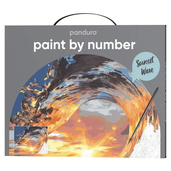 Lägg i varukorgen Paint by number / måla efter nummer – våg i solnedgång, 28×35,5 cm + 19 färger & 3 penslar