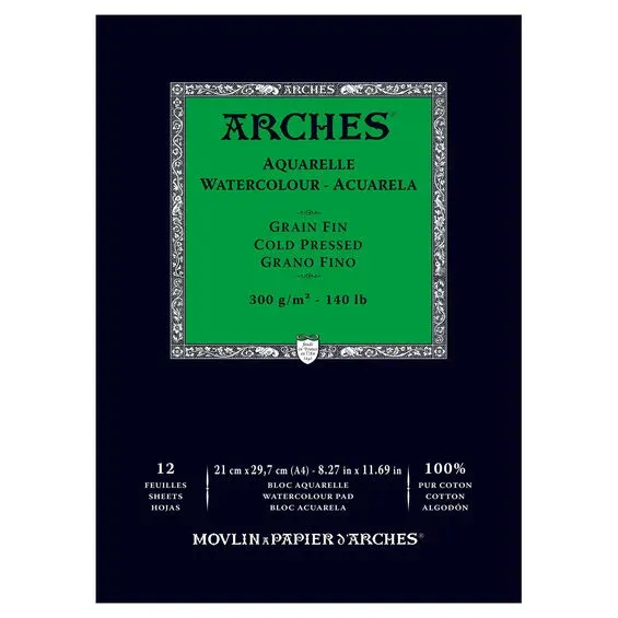 Arches akvarellblock GF, CP, A4 – 210×297 mm, 12 ark, 300 g/m² Fri frakt