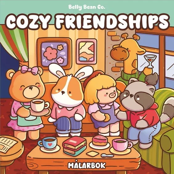 Målarbok Cozy Friendships by Belly Bean, färglägg 32 jättesöta motiv! 21,5×21,5 cm Kampanj