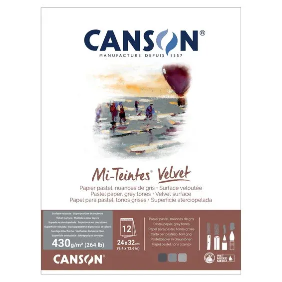 Canson Mi-Teintes Velvet pastellblock Grey Tones, 24×32 cm, 12 ark, 430 g/m² Fynd
