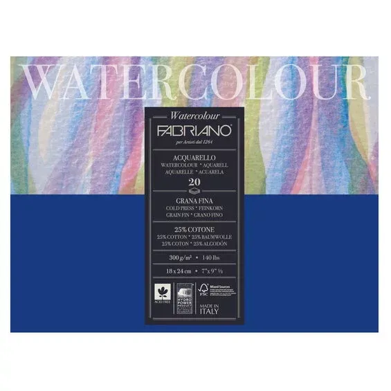 Fabriano Watercolour akvarellblock GF 18×24 cm, 20 ark, 300 g/m² Populär