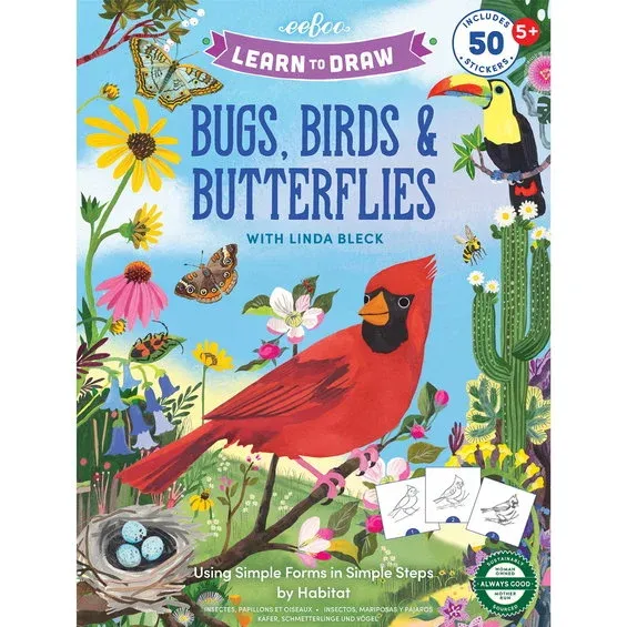 Lär dig teckna fåglar, insekter och fjärilar – lärorik målarbok med 50 stickers Fri frakt