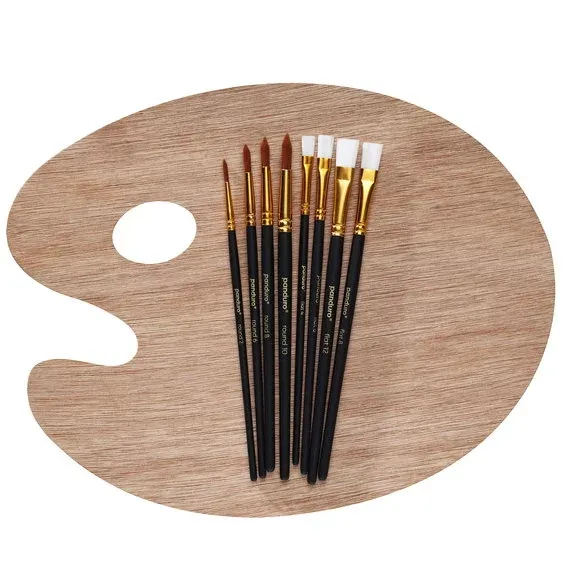 Träpalett & 8 penslar, syntetborst – flat #4, 6, 8, 12 och 4 rund #2, 6, 8, 10 Endast denna vecka