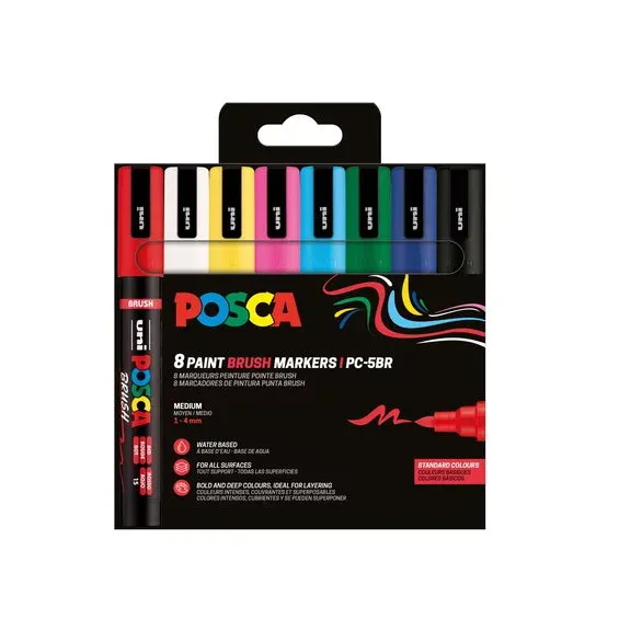 Posca Brush PC-5BR Basic 8-pack, pennor med halvhård penselspets, 1–4 mm linjebredd Erbjudande