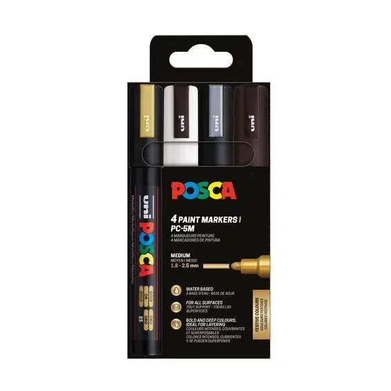 Posca PC-5M 4-pack – silver / guld / svart / vit (1,8-2,5 mm) Erbjudandepris