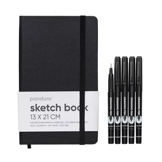 5 svarta fineliners och behändig skissbok à 13×21 cm Fri frakt