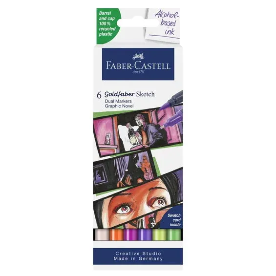 Faber-Castell Sketch Marker Graphic Novel, 6 tuschpennor med dubbelspets Erbjudande