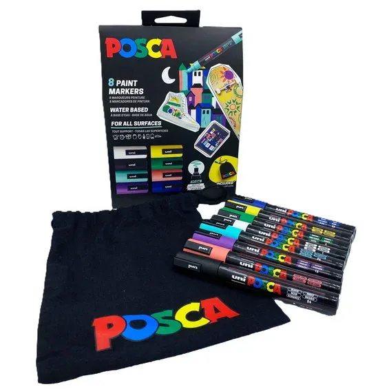 Trygg betalning Posca Bag Kit PC-5M, 8 pennor + svart tygpåse för förvaring