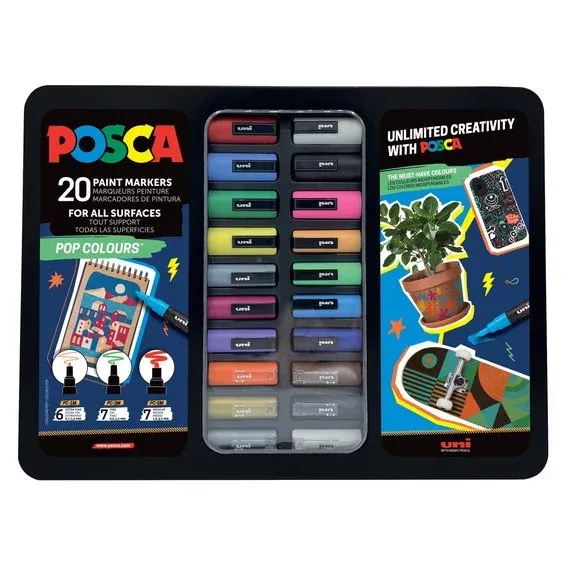 risnedsättning Posca Pop Colours Tin – 20 härliga Posca-pennor i en metallbox