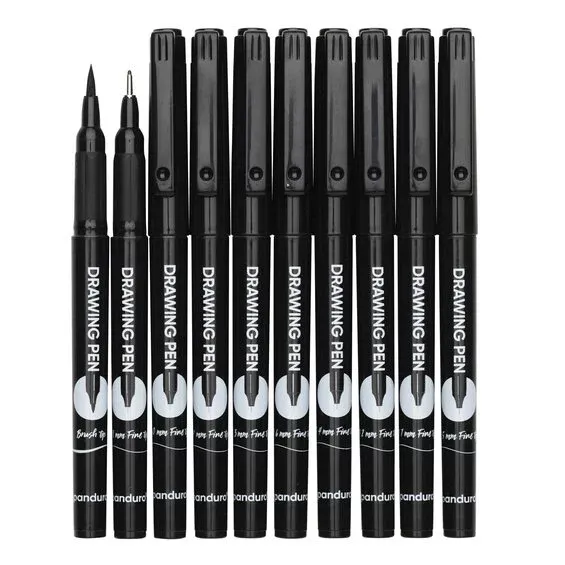 Panduro tuschpennor / fineliners – 10-pack svarta pennor i 10 olika storlekar 0,1–0,8, 1,0 mm samt brush / penselspets Expressleverans